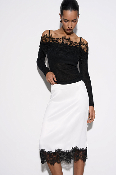 Satin midi skirt with lace - BRUSNIKA Women Clothes