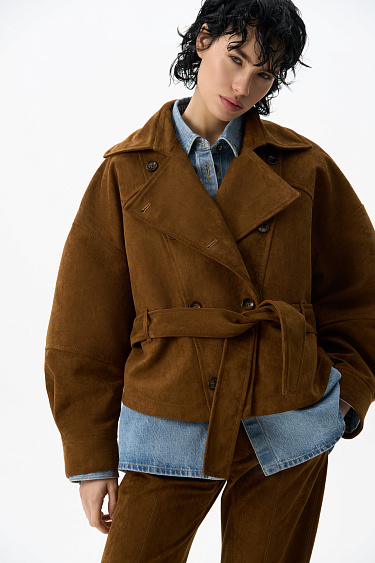 Double-breasted short suede trench coat - BRUSNIKA Women Clothes