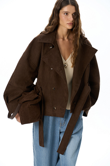 Double-breasted short suede trench coat - BRUSNIKA Women Clothes