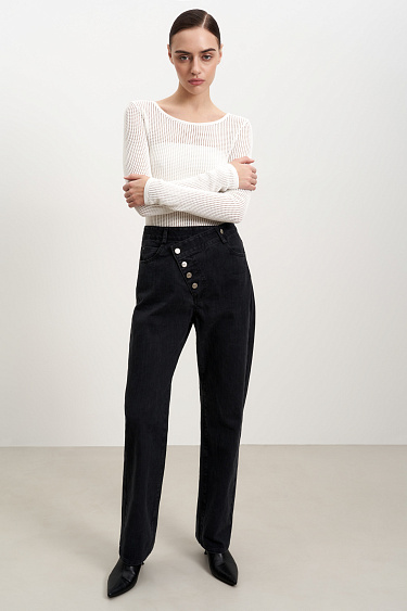 Asymmetric fastening jeans - BRUSNIKA Women Clothes