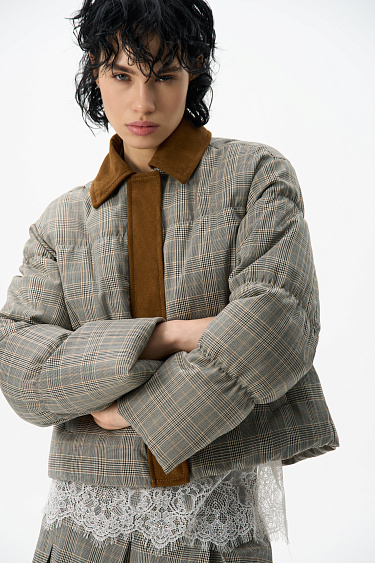 Plaid down jacket with a turn-down collar - BRUSNIKA Women Clothes