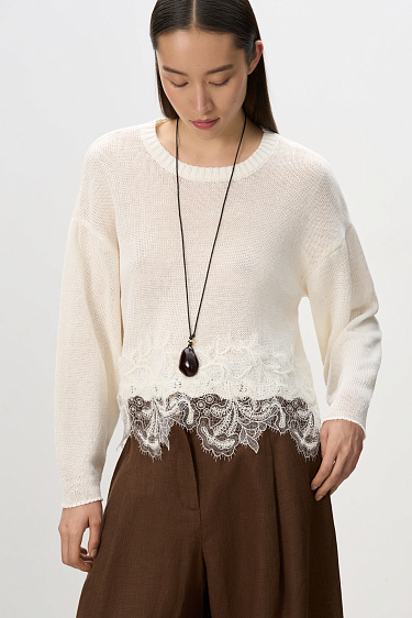 Short-sleeved linen jumper with lace - BRUSNIKA Women Clothes