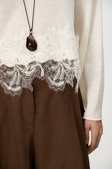 Short-sleeved linen jumper with lace - BRUSNIKA Women Clothes