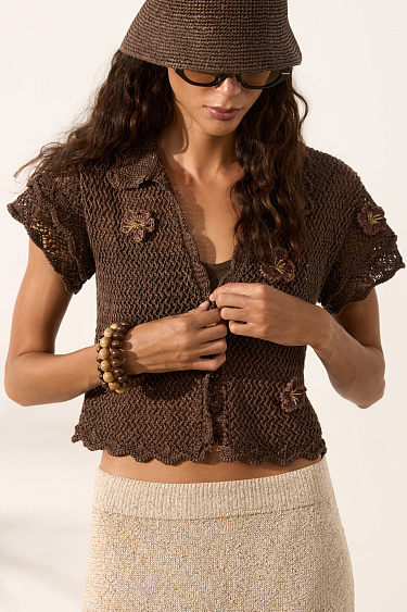 Openwork linen polo with flowers - BRUSNIKA Women Clothes
