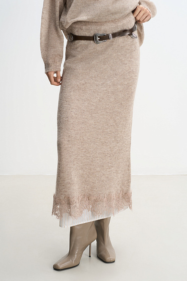 Maxi skirt of merino wool with lace - BRUSNIKA Women Clothes