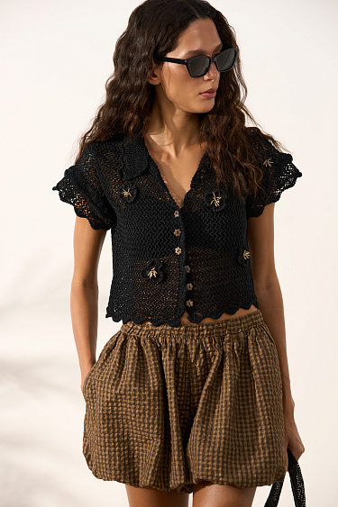 Openwork linen polo with flowers - BRUSNIKA Women Clothes