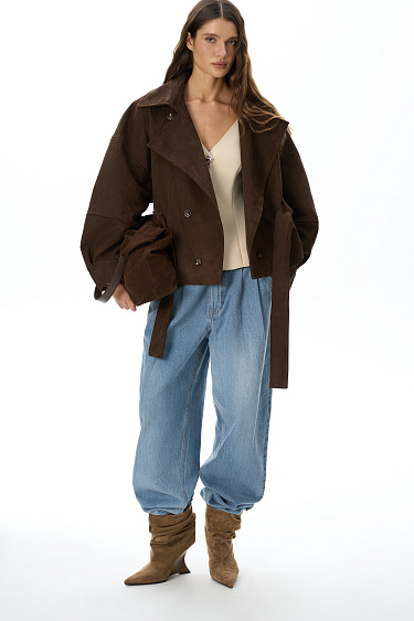 Double-breasted short suede trench coat - BRUSNIKA Women Clothes