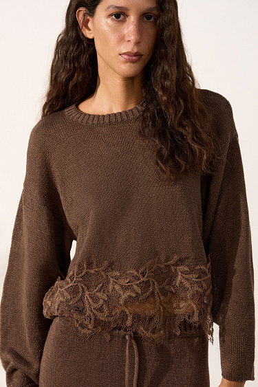 Short-sleeved linen jumper with lace - BRUSNIKA Women Clothes