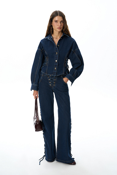 Denim shirt with a lace-up waist - BRUSNIKA Women Clothes