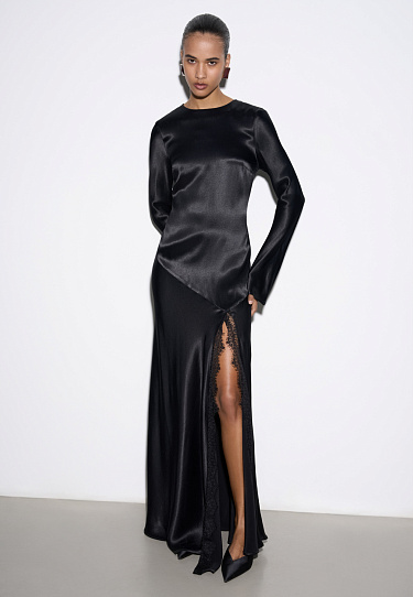 Satin dress with a slit and lace - BRUSNIKA Women Clothes
