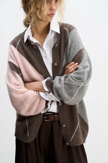 Fox-fur cardigan with an Argyle pattern - BRUSNIKA Women Clothes
