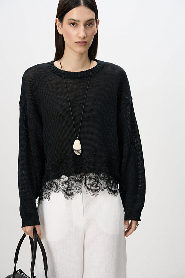 Short-sleeved linen jumper with lace - BRUSNIKA Women Clothes