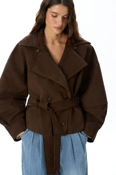 Double-breasted short suede trench coat - BRUSNIKA Women Clothes