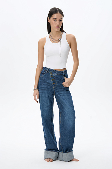 Asymmetric fastening jeans - BRUSNIKA Women Clothes