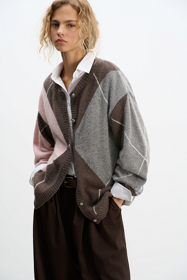 Fox-fur cardigan with an Argyle pattern - BRUSNIKA Women Clothes