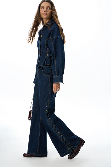 Denim shirt with a lace-up waist - BRUSNIKA Women Clothes