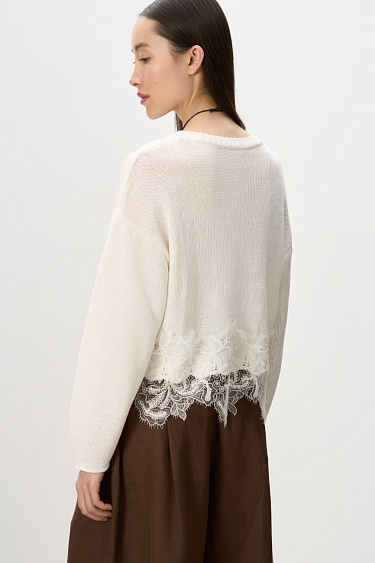 Short-sleeved linen jumper with lace - BRUSNIKA Women Clothes