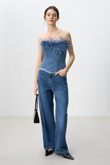 Denim corset with feathers - BRUSNIKA Women Clothes