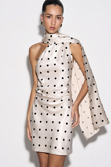 Polka-dot satin dress with a scarf - BRUSNIKA Women Clothes