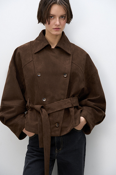 Double-breasted short suede trench coat - BRUSNIKA Women Clothes