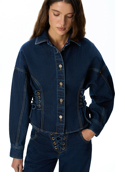 Denim shirt with a lace-up waist - BRUSNIKA Women Clothes